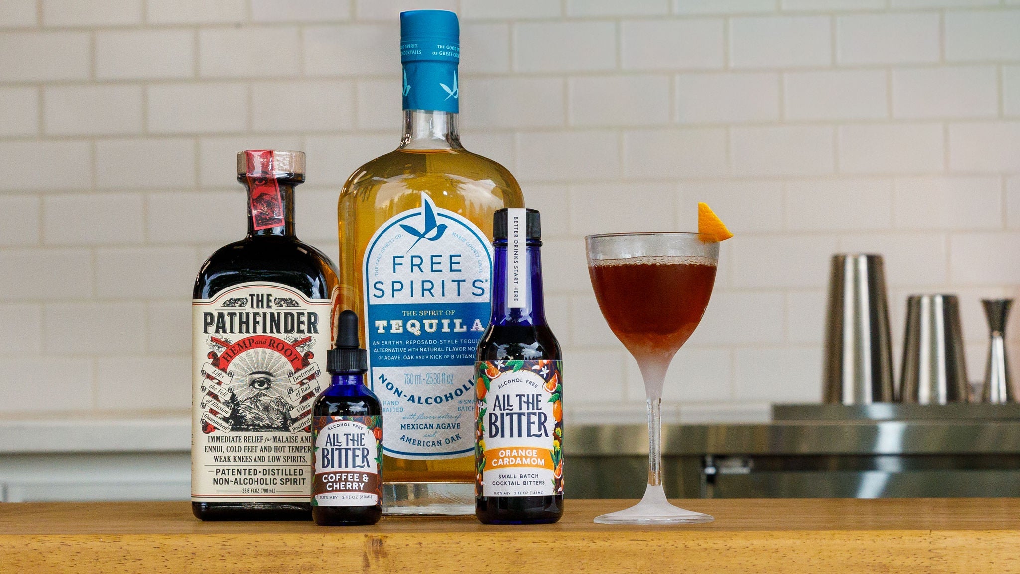 Photo of a non-alcoholic cocktail made with Free Spirits tequila, Pathfinder, and All The Bitter. 