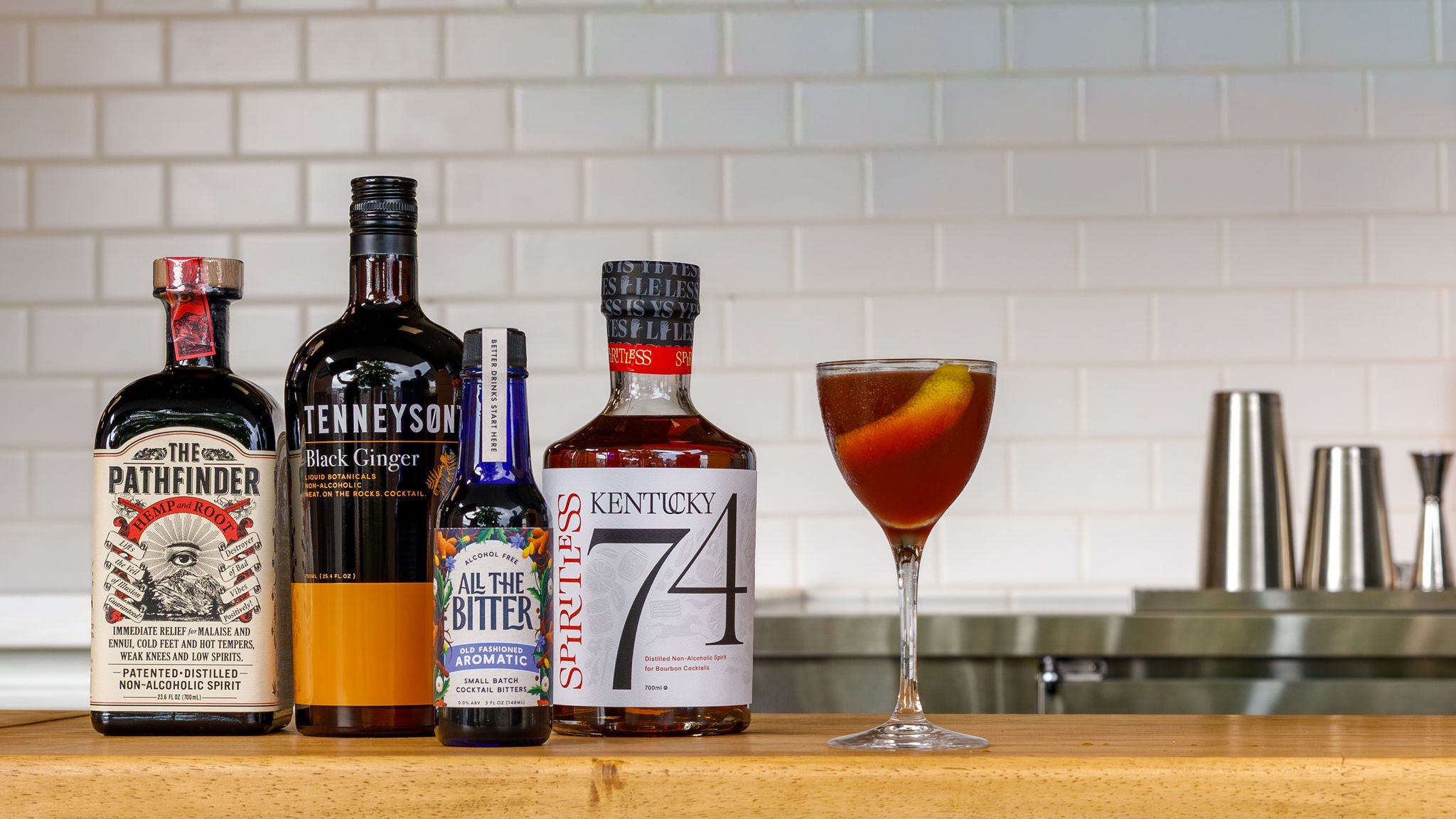 Photo of a non-alcoholic cocktail made with Tenneyson, Kentucky 74, Pathfinder, and All The Bitter.