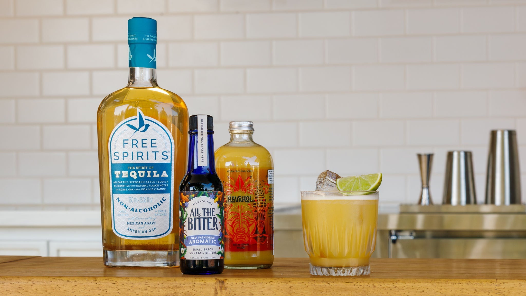 Photo of a non-alcoholic margarita made with Free Spirits tequila, Kavahol, pineapple syrup, and non-alcoholic bitters.