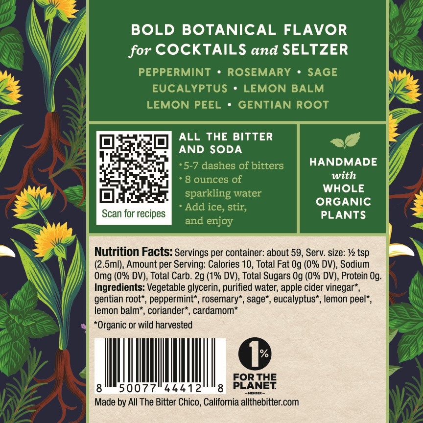 Ingredient panel and back label for ATB Herb Garden non alcoholic bitters