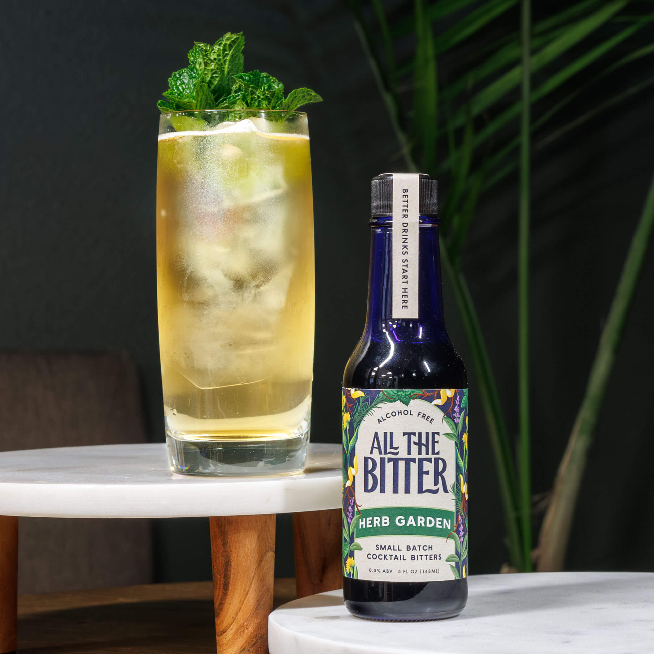 Bottle of ATB Herb Garden bitters served as "bitters and soda"