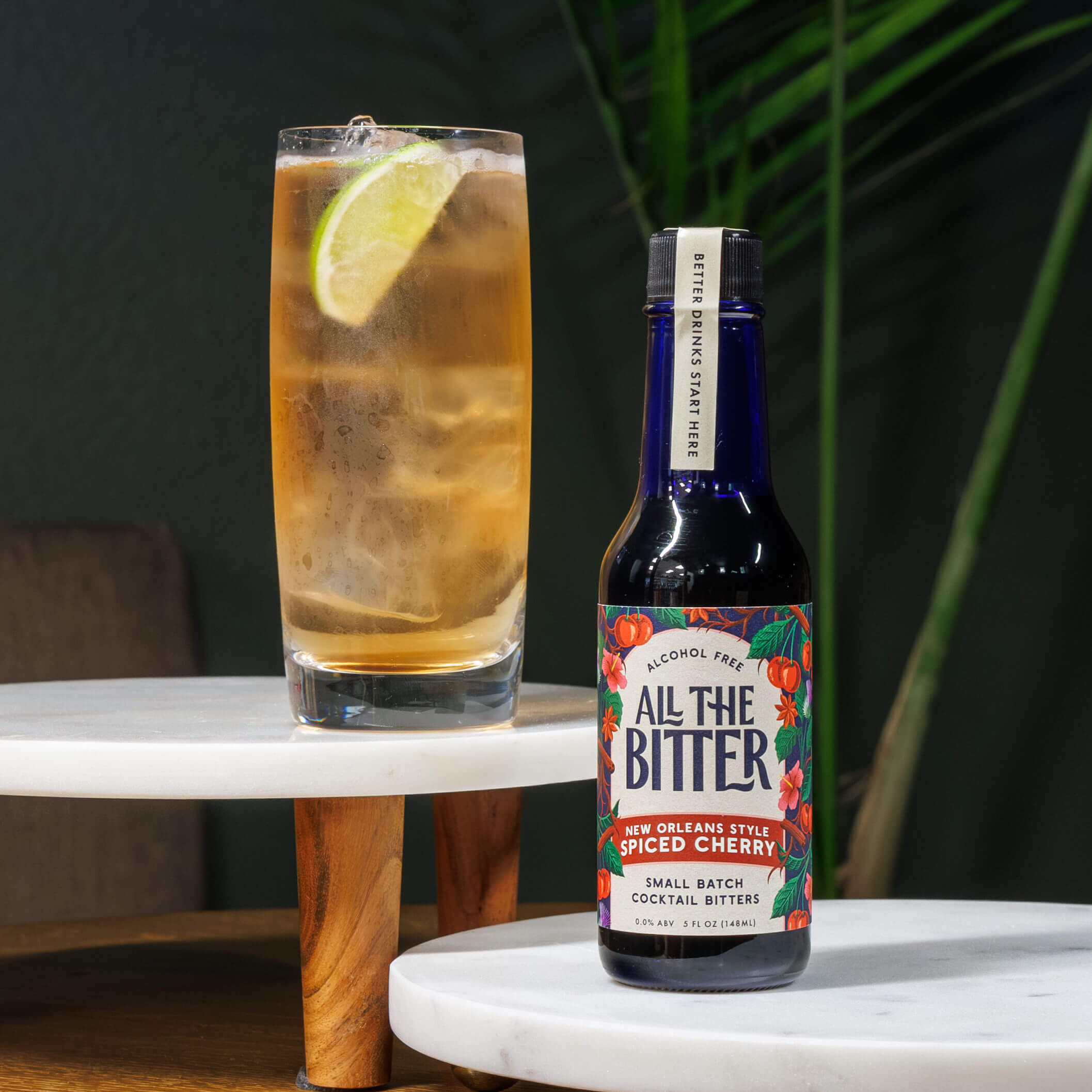 Bottle of ATB New Orleans Spiced Cherry bitters served as "bitters and soda"