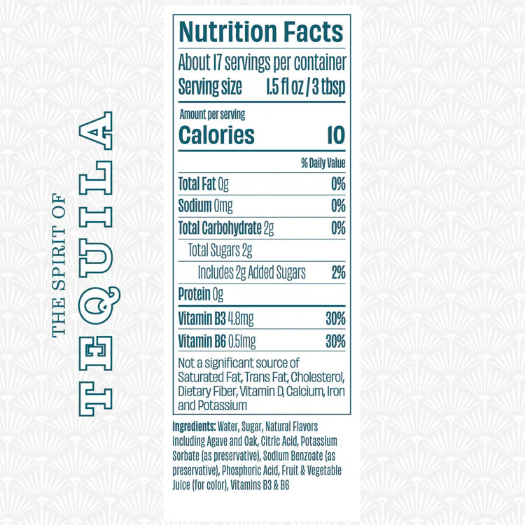 Nutrition facts label for Free Spirits non alcoholic tequila on a light gray background.