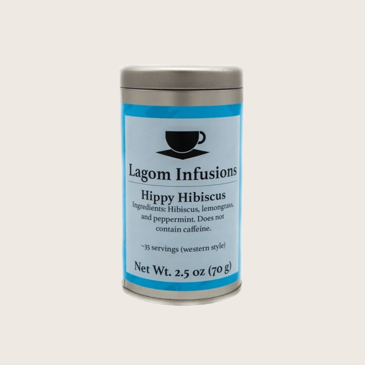 Lagom Infusions Hippy Hibiscus tea canister on a light gray background