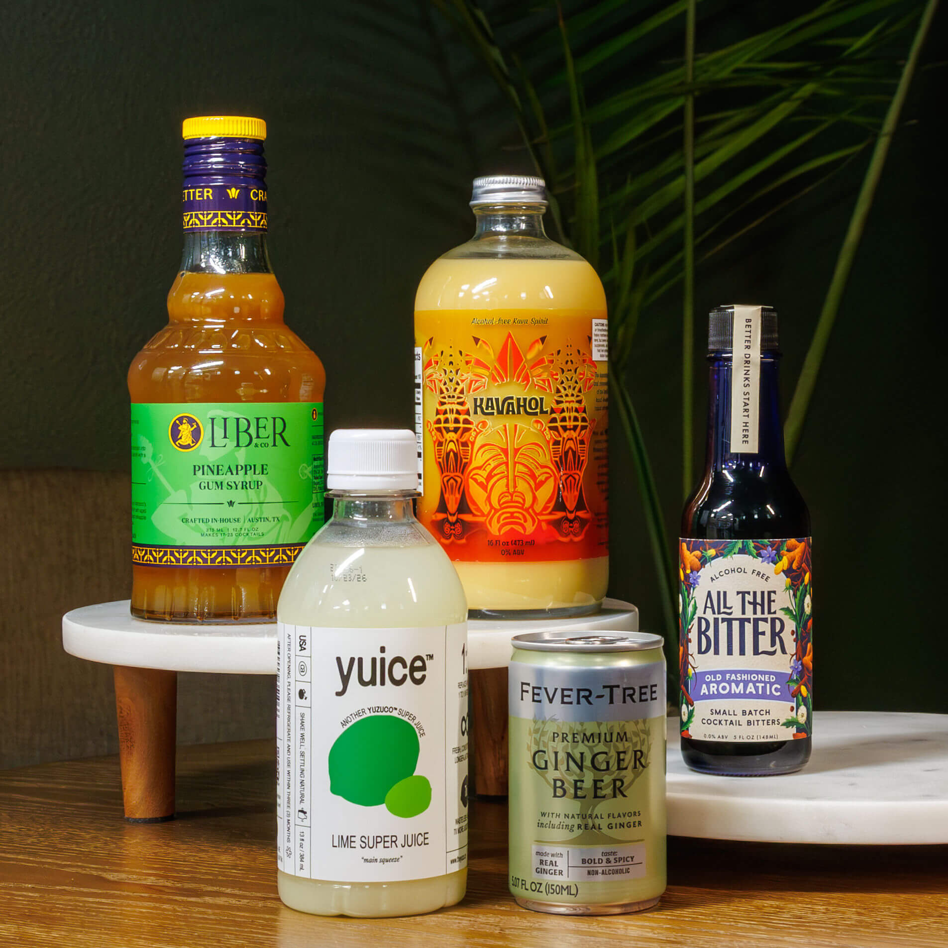 Nonalcoholic kava Moscow Mule mocktail kit, including Kavahol and All The Bitter Aromatic bitters and a recipe booklet.